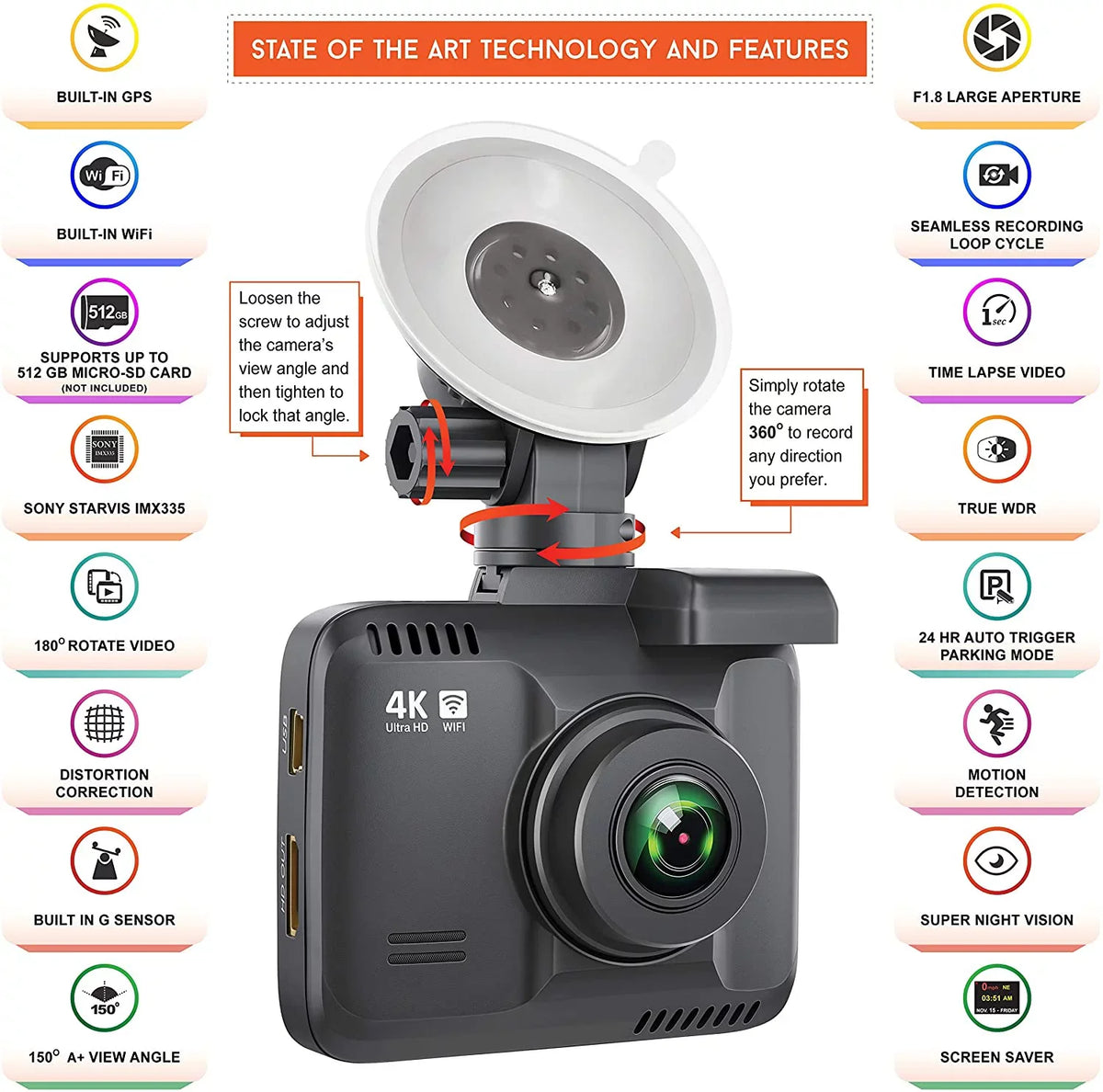 GPS Dash 2.4" in 2160P, WDR, 150° Camera Angle, 4K Built Recorder Car Wide UHD Cam WiFi Night Vision LCD, with Dashboard