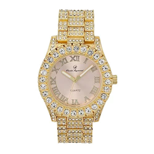 '- Blush) Rocks Fully Bracelet Big Tennis Bling'ed Out (TLA ST10327LA Watch Dial Bezel Iced Gold Women's Numerals with - Out Colored Roman w/Matching