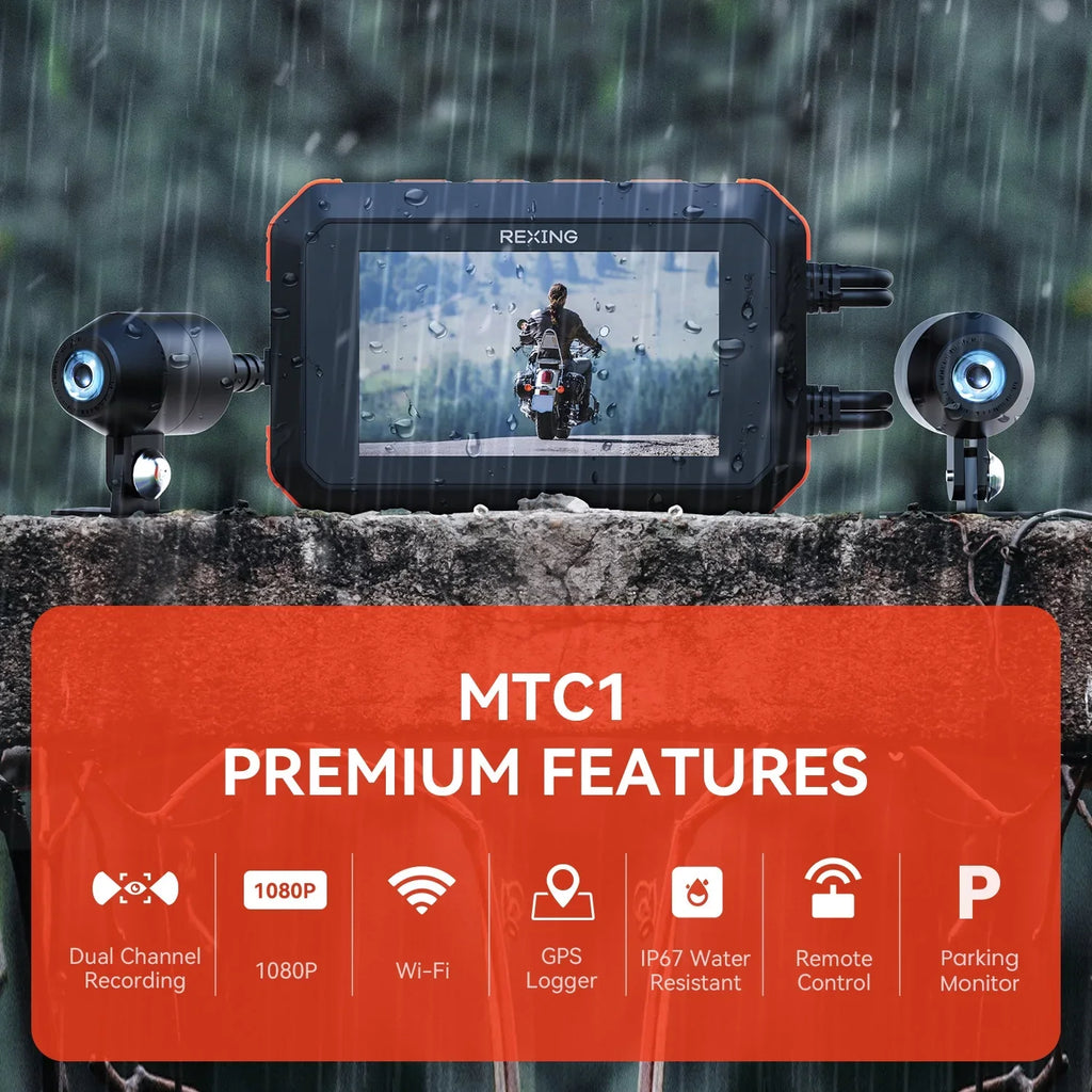 with Wi-Fi Cam Dash Rexing Motorcycle MTC1 Dual 1080P Channel GPS &