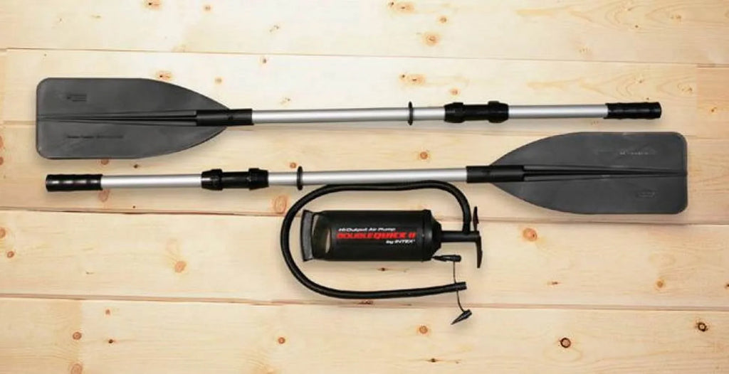 4 Boat Inflatable Rafting Pump Person w/ (3 Intex & Excursion Fishing Oars Pack)