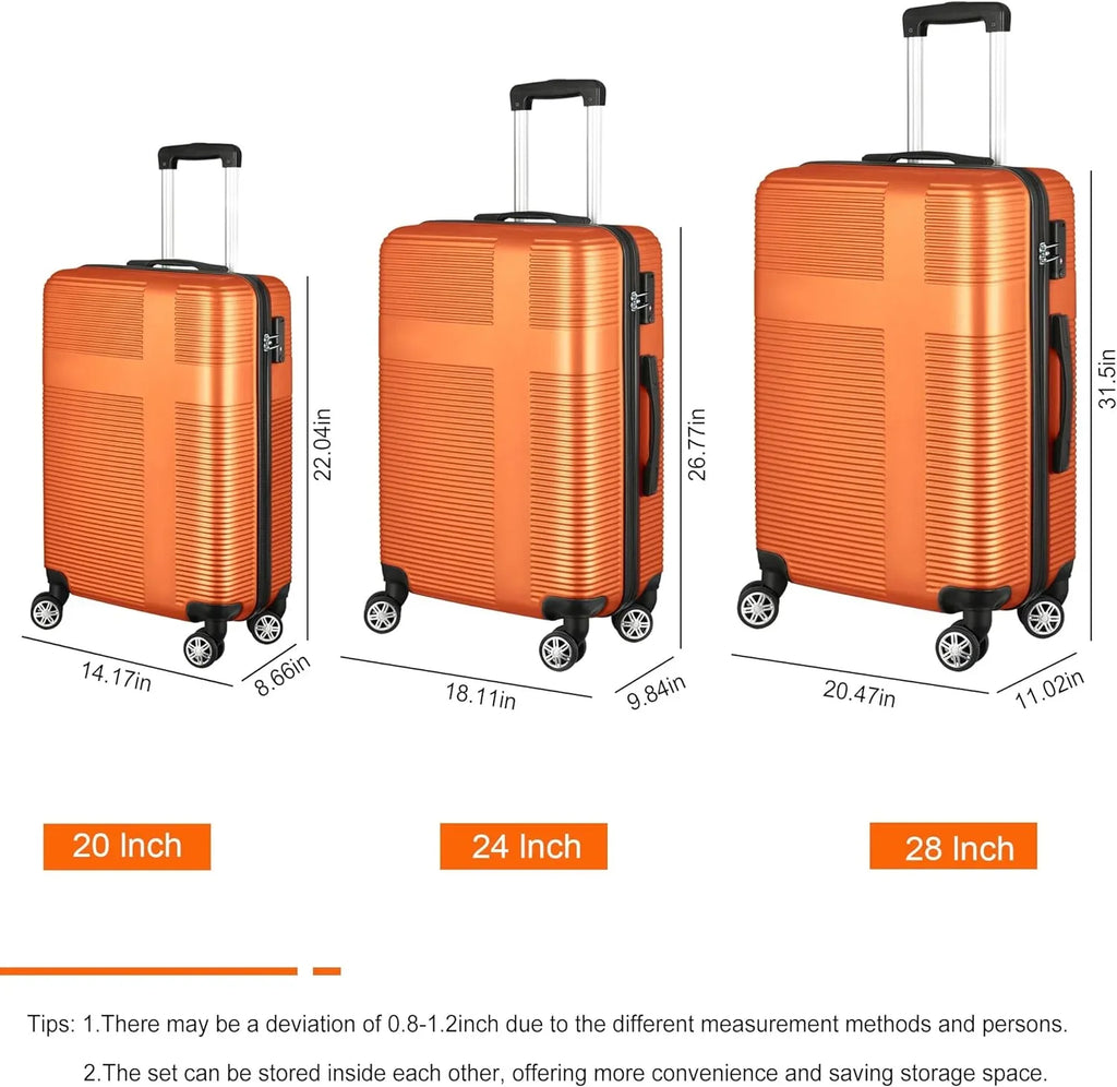 Set Sets 3 Suitcase Wheels,Orange with Luggage Hardside Sets with Orange(20in/24in/28in) Piece, Lock Women TSA Luggage Spinner for