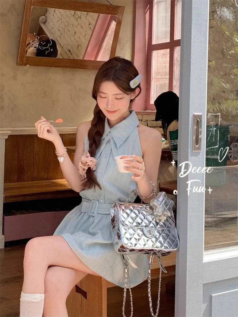Han Man [In Pei  Sleeveless Short  Mambo Women Tie Waisted Commuter S Oni Pei Neck es Stock]] Halter Mint Deeeefuu