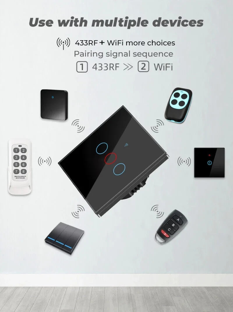 Touch Wall Home Panel TUYA WiFi+433MHZ Smart Light Button Switch Glass 3/4Gang