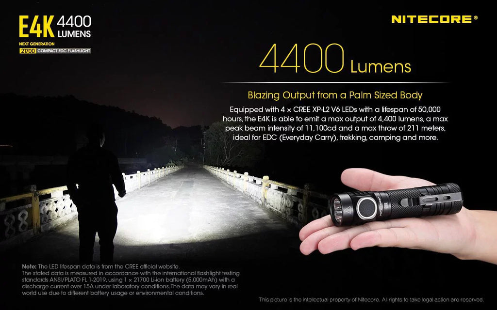 Li-ion generation V6 Battery FREE - Battery 21700 Rechargeable Next 4x Eco-Sensa Lumens 4400 CREE 1x Compact EDC Flashlight and XP-L2 w/ - NITECORE NITECORE Case E4K 21700