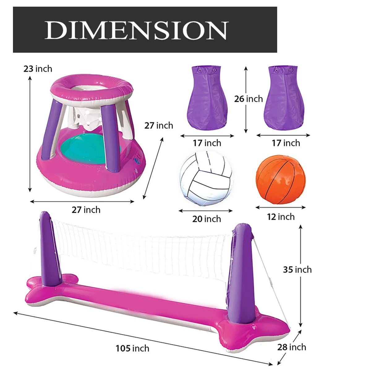 Volleyball Set Inflatable Net Basketball Pool Hoops Float & Pink