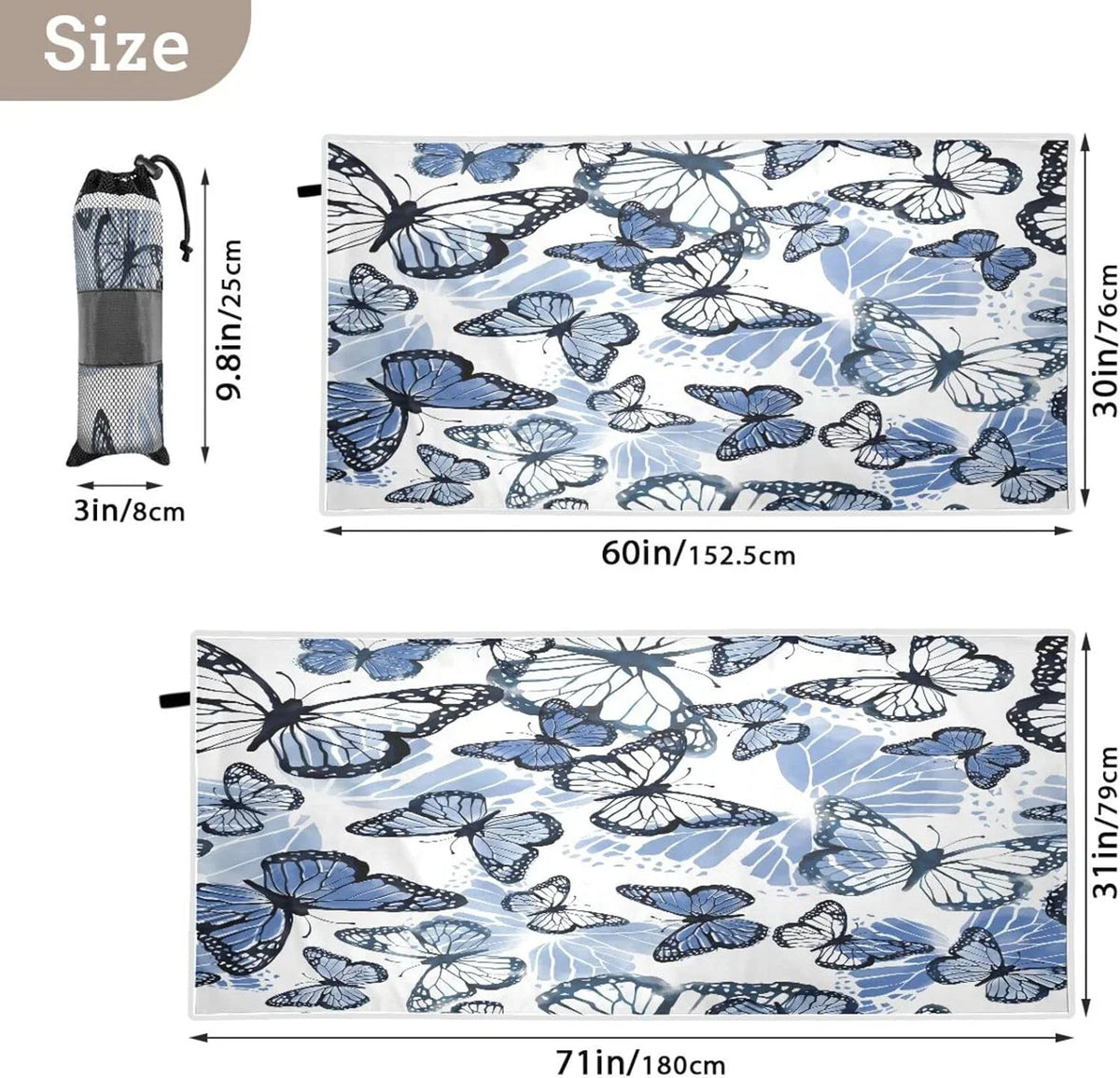 Beach Quick Bestwell Swim Blanket, 30”X60” Microfiber Bath Towel Blue Lightweight Thin Dry Oversized Free Towel Pool Multipurpose Butterfly Shower Towel, Towel Yoga Sand