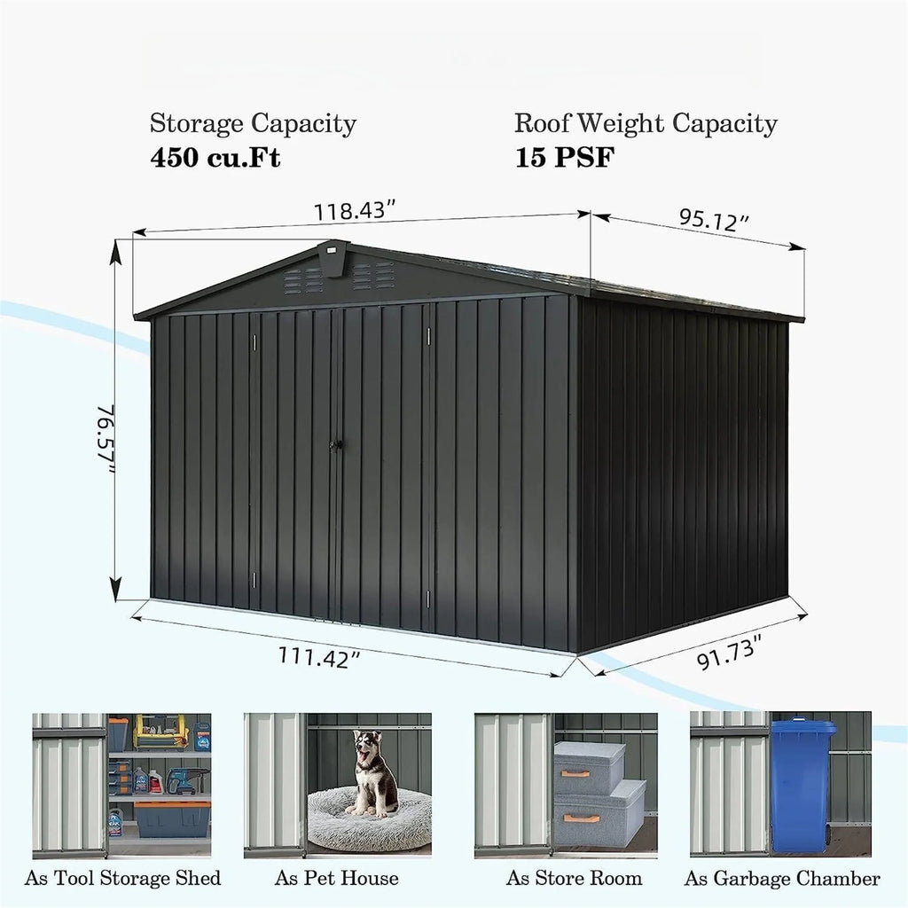 Shed Cabinet Trash with Galvanized Can, Storage Shed 10'x Bike, Patio, Storage Backyard,  Lawn, Black Garden Capri for Lockable Tools, for 8', Steel Outdoor Door Outdoor