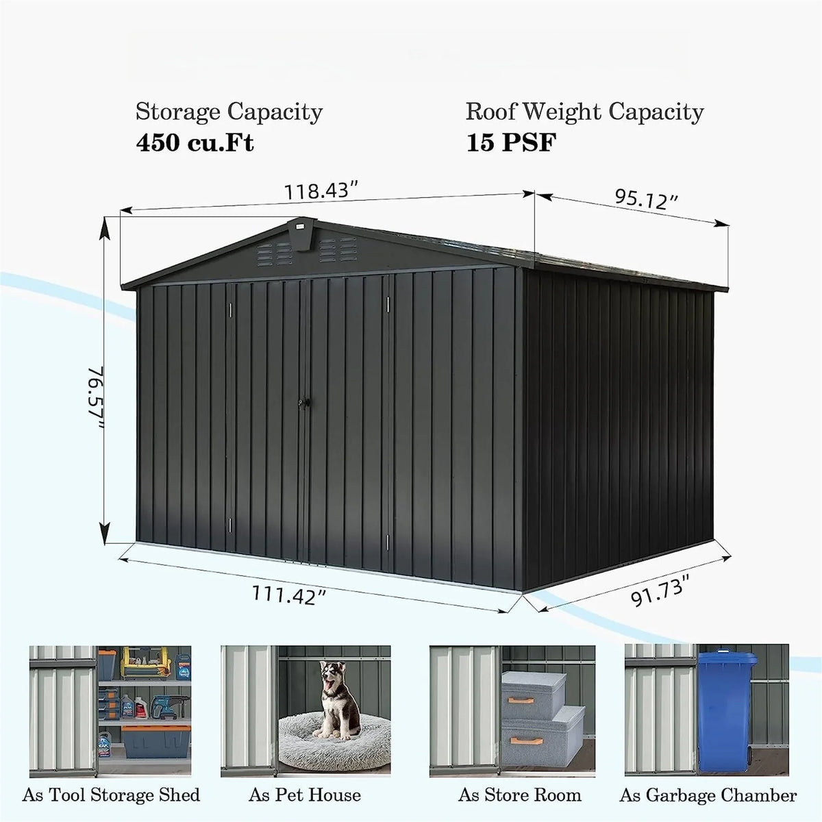 Shed Cabinet Trash with Galvanized Can, Storage Shed 10'x Bike, Patio, Storage Backyard,  Lawn, Black Garden Capri for Lockable Tools, for 8', Steel Outdoor Door Outdoor