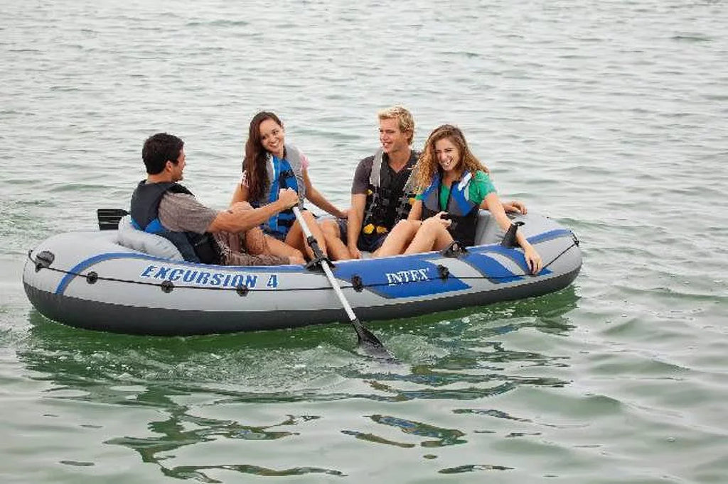 4 Boat Inflatable Rafting Pump Person w/ (3 Intex & Excursion Fishing Oars Pack)