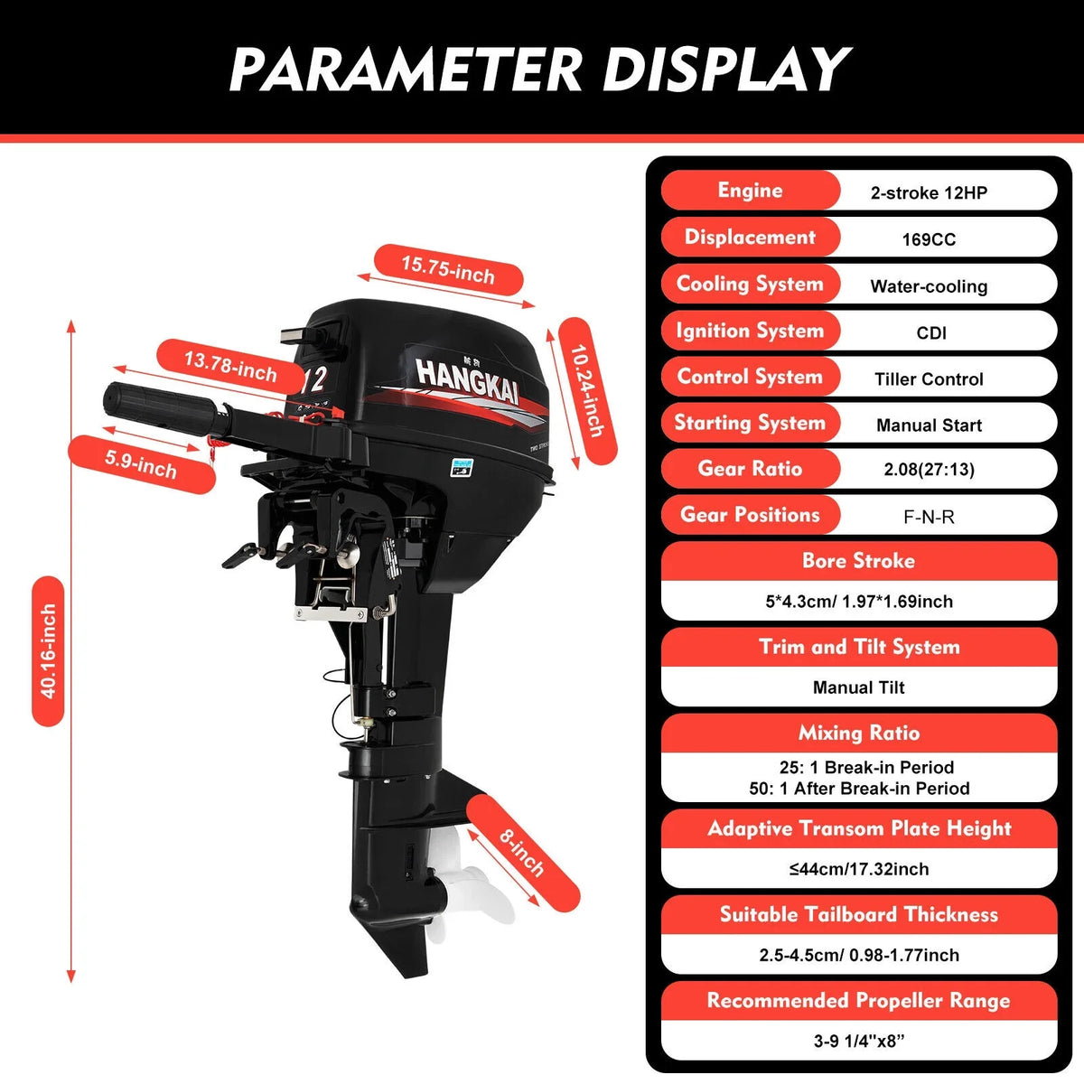 Fishing hp Stroke Motor 12 Heavy hp) Liquid Stroke (2 Boat System Boat Cooling Motor, 12 w/CDI Engine 169cc 2 Duty Outboard System