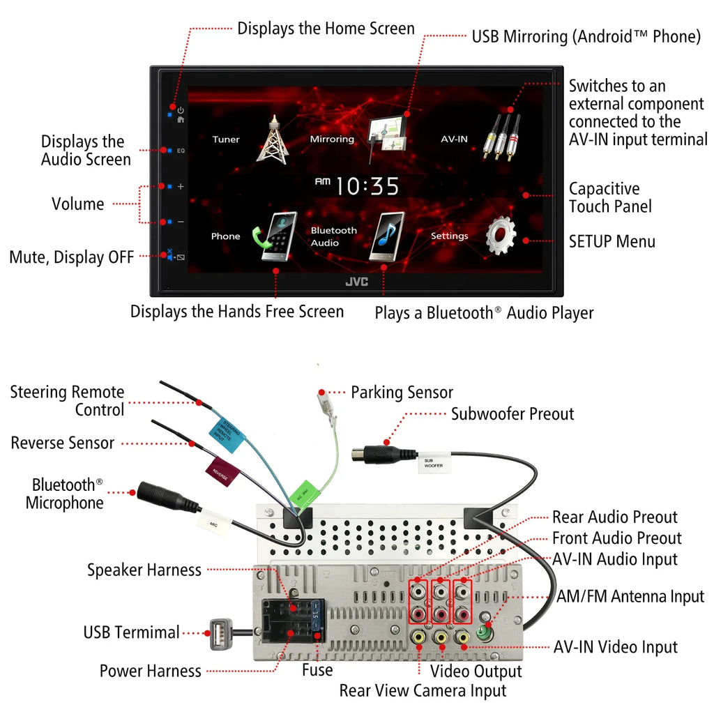 2 Player Bluetooth JVC Android Backup DIN For + USB CAM1800 6.75" Mirroring Media KW-M180BT Camera