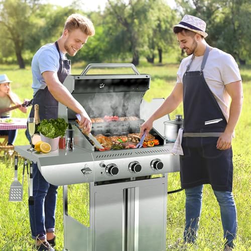 3-Burner Propane Gas Grill with Side Burner C 34,000 BTU Stainless Steel Outdoor BBQ Grill, Cast Iron Grates, Portable with Wheels for Patio, Camping