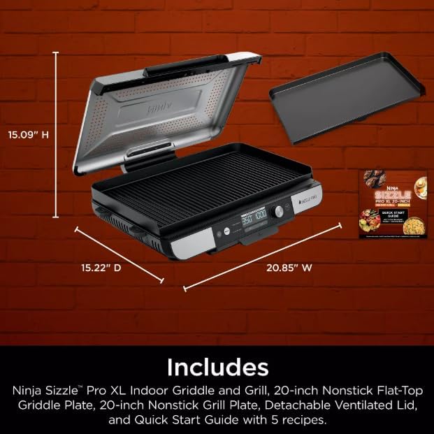 Ninja Sizzle Pro XL 20 Inch Indoor Griddle & Grill with ProTemp IQ, 250FC500F, Detachable Ventilated Lid, Grease Control, Ceramic Nonstick Plates