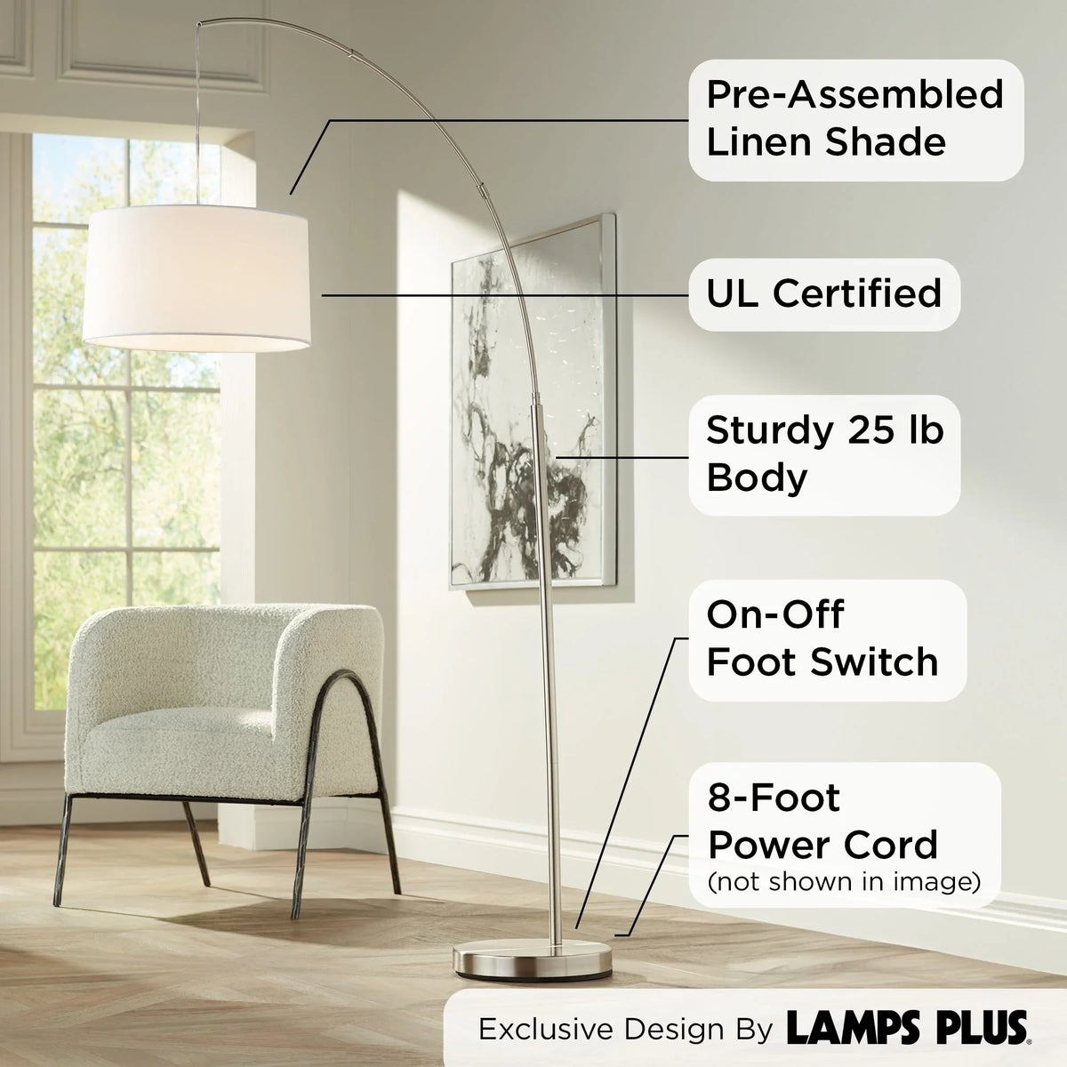 Brushed Room Lighting for  72" Cora White Floor 360 Living Tall Shade Standing Lamp Nickel Bedroom Modern n House Arc Drum Reading Office