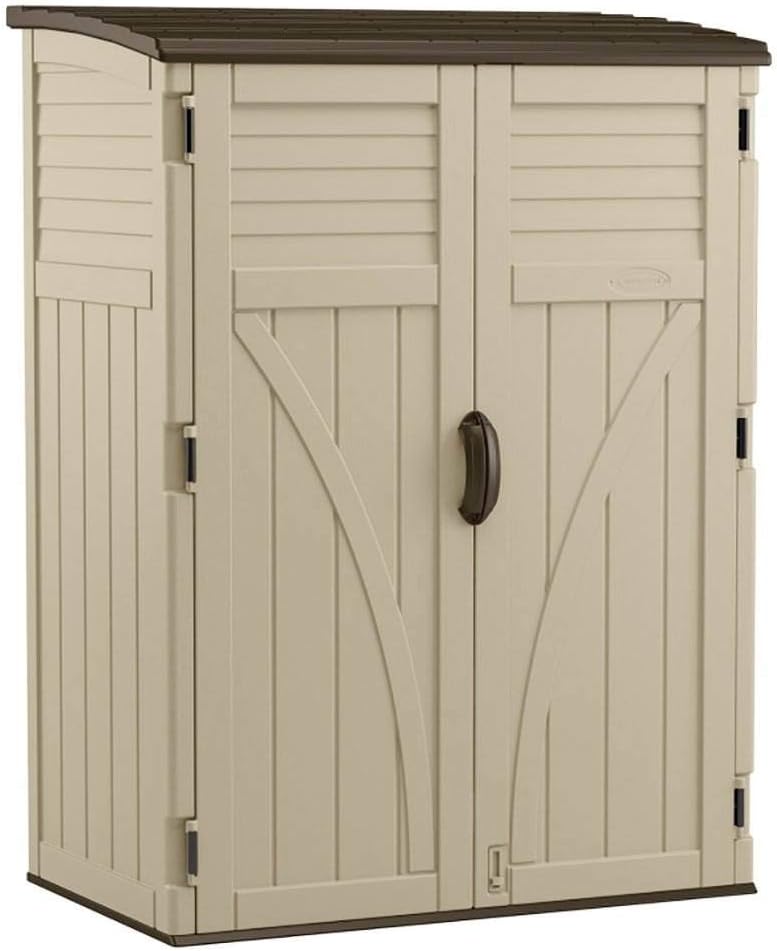 Suncast Outdoor Storage Cabinet Waterproof Resin Vertical Outdoor Storage Shed (54 cu. ft.) for Patio, Garden Tools, Cushions, & Equipment.