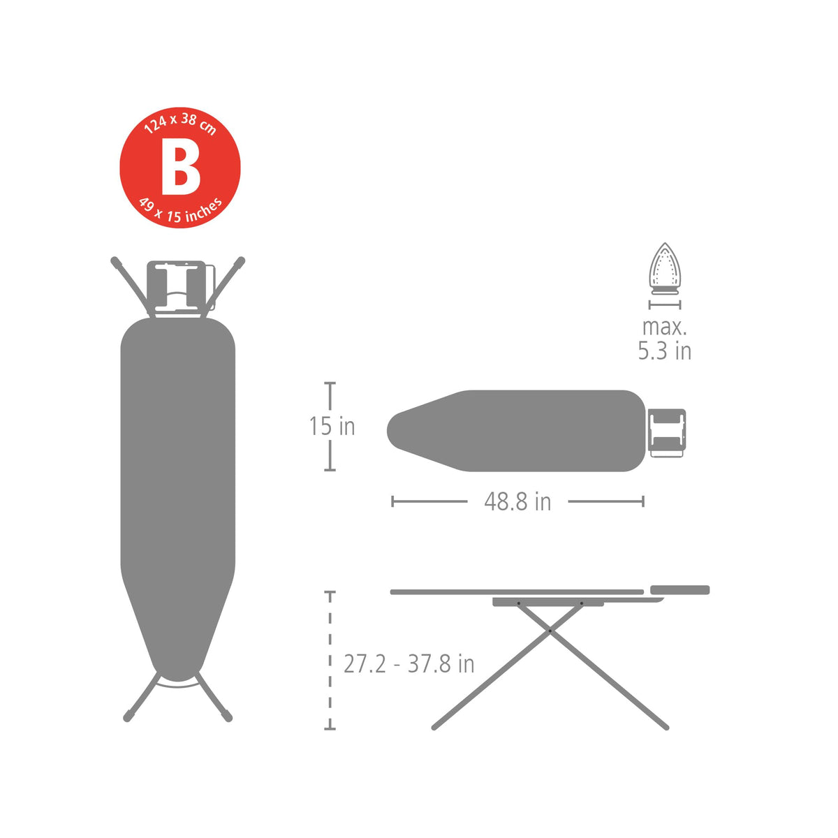 Brabantia Size C Ironing Board (49 x 18in) 7 Height Options, Adjustable Steam Iron Rest Holder & Linen Rack (Ecru) Non-Slip Feet, Anti-Collapse Child