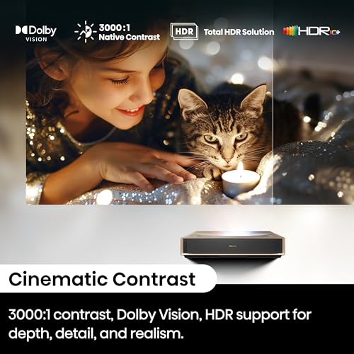 Hisense PX3-PRO Ultra Short Throw Triple Laser Projector, 4K UHD, 80 C 150, 3,000 Lumens, 3000:1 Contrast, Dolby Vision & Atmos, IMAX Enhanced, 240