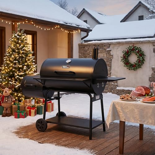 Royal Gourmet CC2036F Barrel Charcoal Grill with Offset Smoker, Outdoor BBQ Grill with 1200 Sq. In. Grilling Area for Large Event Gathering, Black
