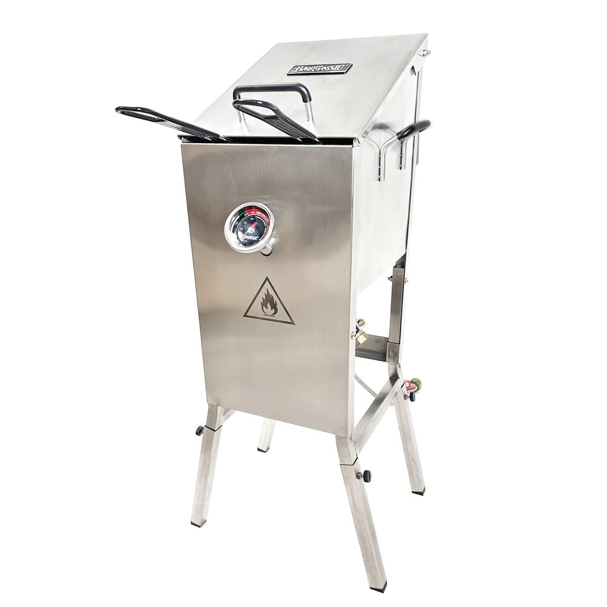 Bayou Classic 700-701 4-gal Stainless Bayou Fryer Includes 2 Stainless Mesh Baskets Fry Thermometer Drain Valve High Pressure Regulator w/ 48-in