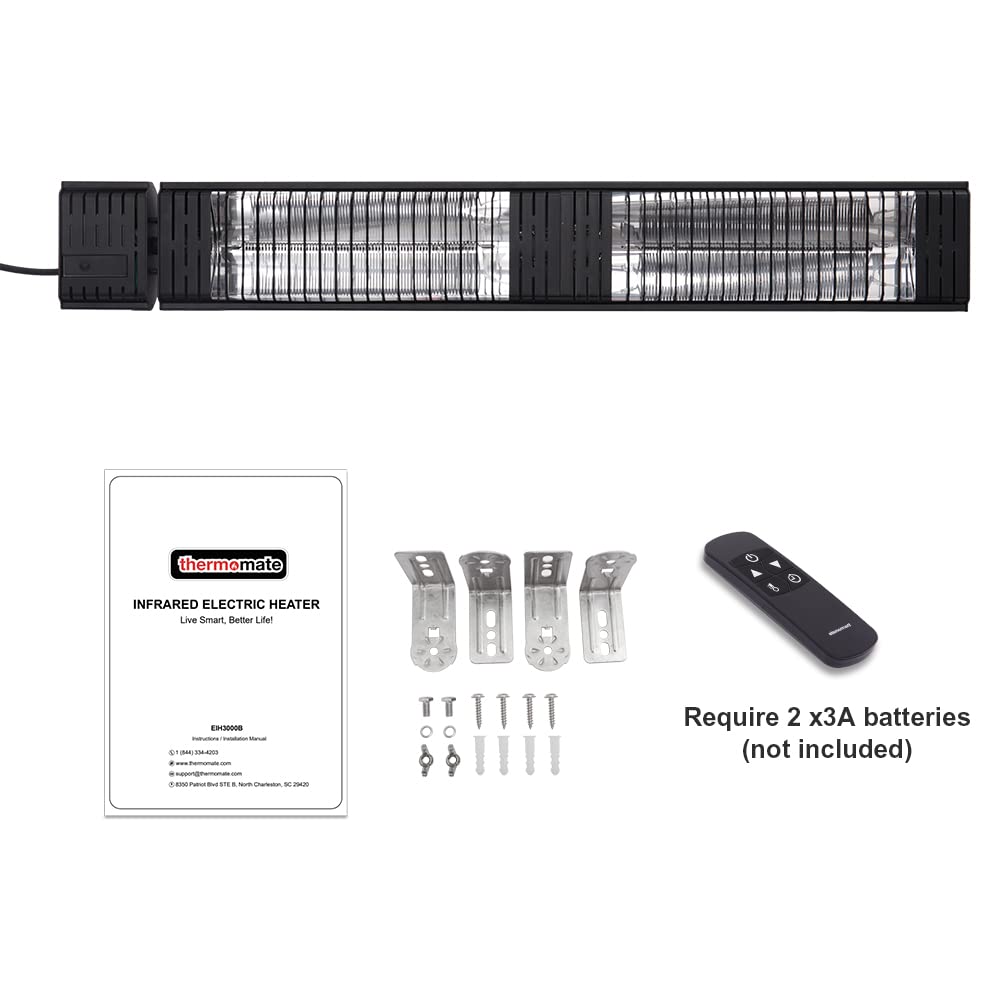 ThermoMate Infrared Electric Patio Heater, 3000W Carbon Fiber Heating for Outdoor/Indoor, Porch, Deck, Garage with Remote 24 Hours Timer, Hard Wired