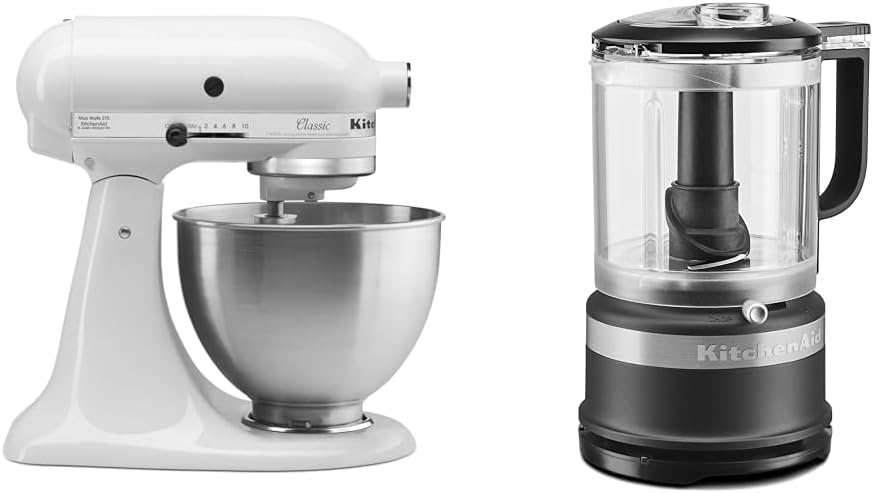 KitchenAid Classic Series 4.5 Quart Tilt-Head Stand Mixer K45SS, White & 5 Cup Food Chopper - KFC0516,Matte Black