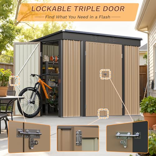 Greesum Outdoor Storage Shed 6 x 8 ft. Utility Tool Shed Metal Storage Garden Shed with Door & Lock for Patio Storage, Brown