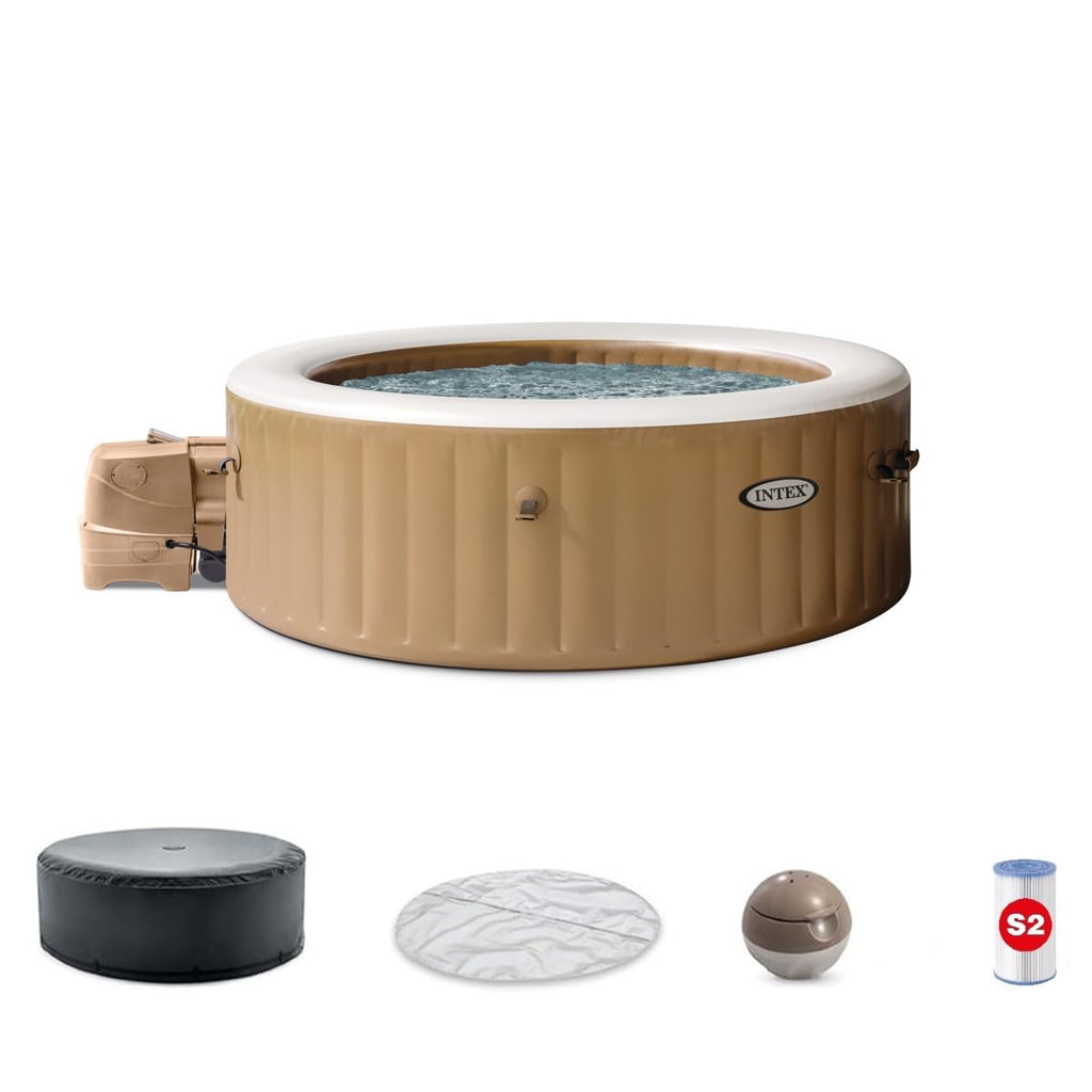 INTEX 28425EH PureSpa Bubble Massage Spa Set Outdoor Inflatable Portable Hot Tub, Includes Energy Efficient Spa Cover, Saltwater System Ready, 4