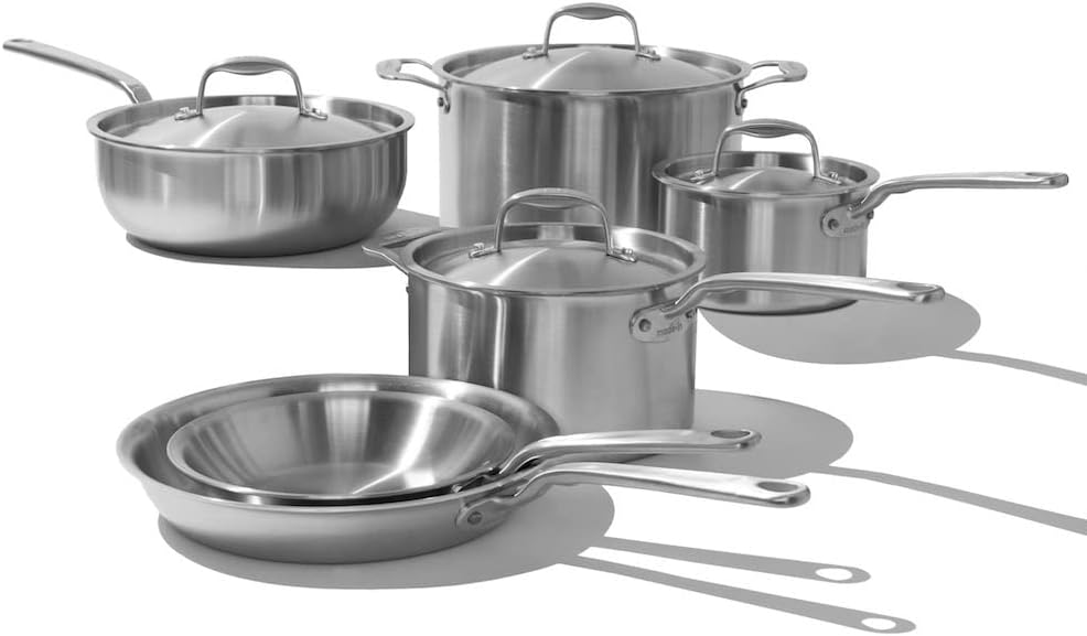 Made In Cookware - 10 Piece Stainless Steel Pot and Pan Set - 5 Ply Clad - Includes Stainless Steel Frying Pans, Saucepans, Saucier and Stock Pot W