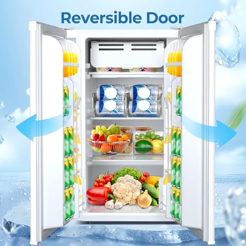 3.2 Cu.ft Mini Fridge with Freezer, Compact Refrigerator with Reversible Single Door, Adjustable Thermostat, Low Noise, Energy Efficient for Office