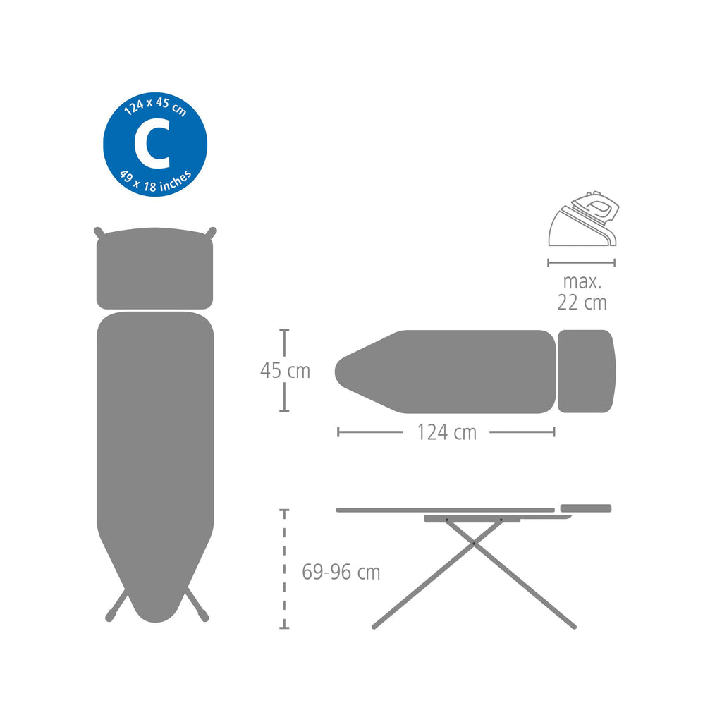 Brabantia Size C Ironing Board (49 x 18in) 7 Height Options, Adjustable Steam Iron Rest Holder & Linen Rack (Ecru) Non-Slip Feet, Anti-Collapse Child