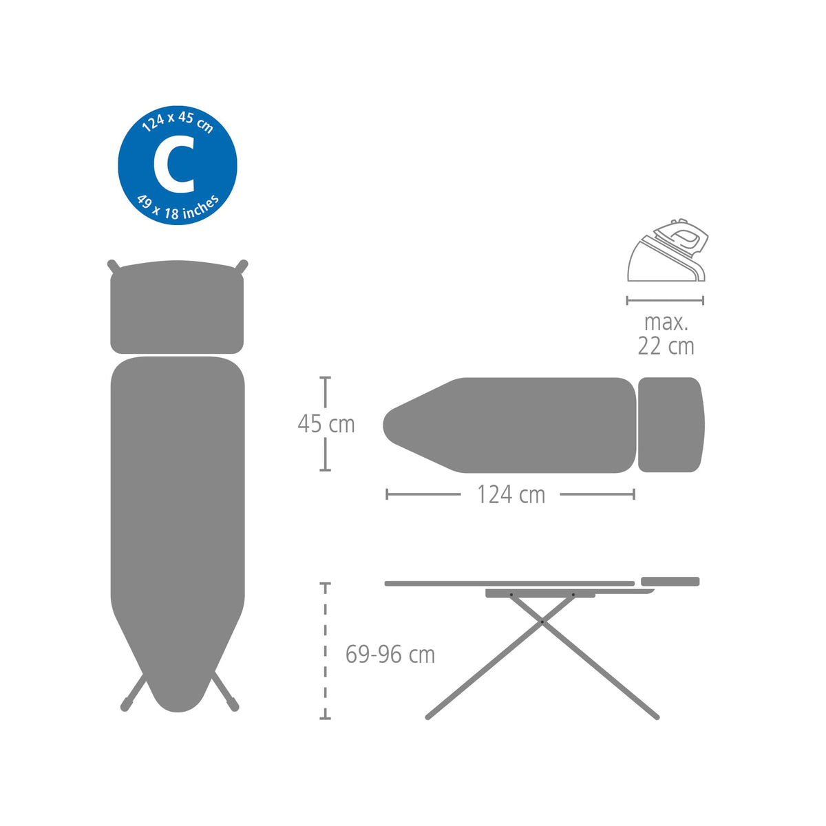Brabantia Size C Ironing Board (49 x 18in) 7 Height Options, Adjustable Steam Iron Rest Holder & Linen Rack (Ecru) Non-Slip Feet, Anti-Collapse Child