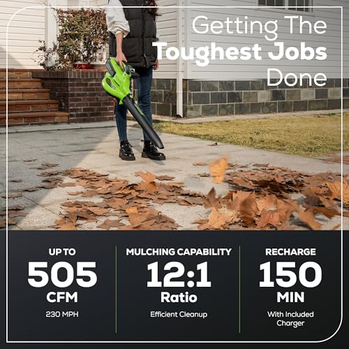 Greenworks 40V (230 MPH / 505 CFM) Cordless Brushless Leaf Blower/Vacuum with Bag, High Power, Lightweight & Quiet for Yard Debris Cleanup, Includes
