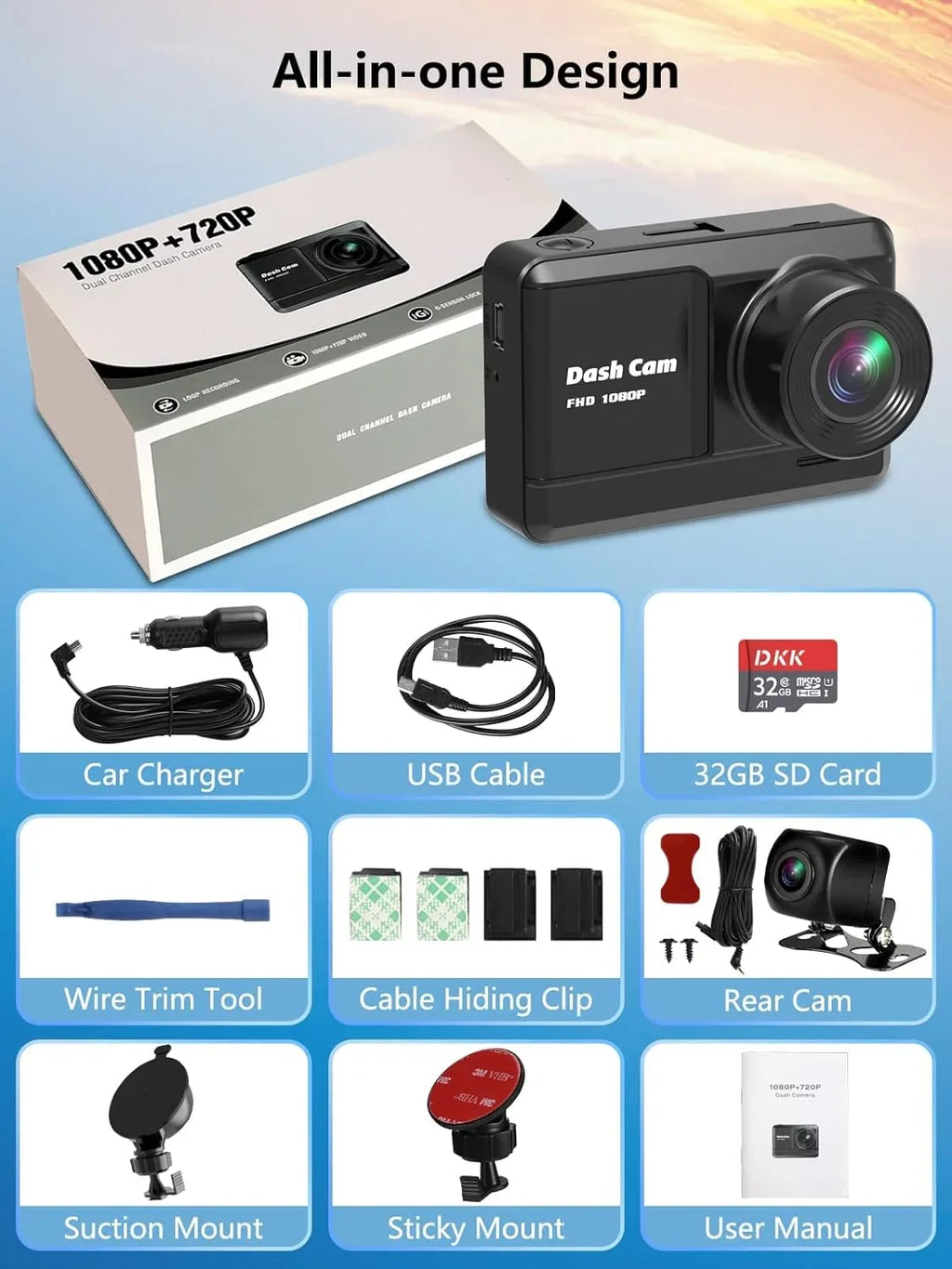 Recording, Screen, Loop Lock, Rear, 2 Dash Dash Mounting Cam Ways, Car,Motorcyle,Balls 32GB with 2.45 Full Monitor 1080P Night IPS WDR, HD Vision, Parking inch and Front Mini Accident SD Cam Card,