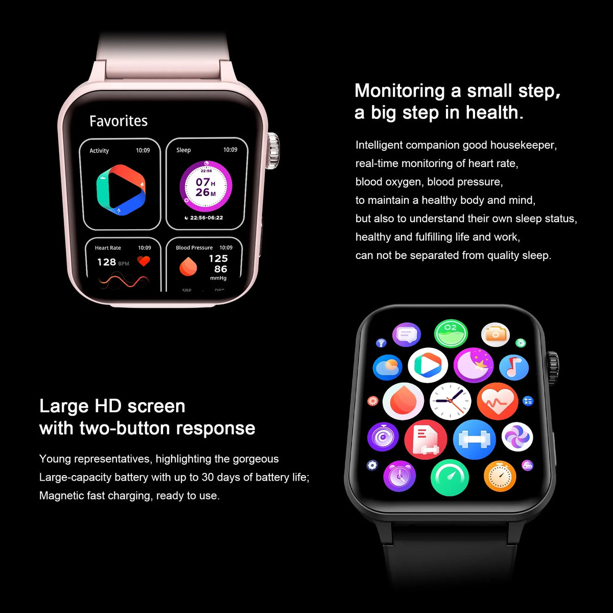 Liquidproof, Voice Games,100+ of Fitness Set Watch Bluetooth Smartwatch Assistant, 1.83" Romantic for Screen, 4 Call, Gifts Smart Sports, and 2 Android iOS, with Mini HD Tracker Blackview with Touch