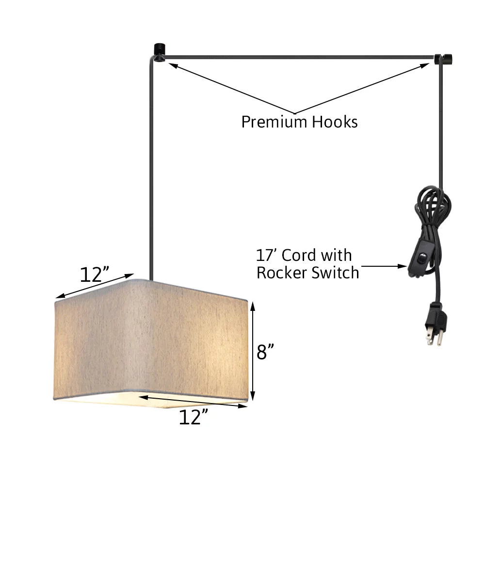 Cord Black Oatmeal Swag Pendant Rounded Square 14"w Plug-In Shade, Light Corner Drum 1