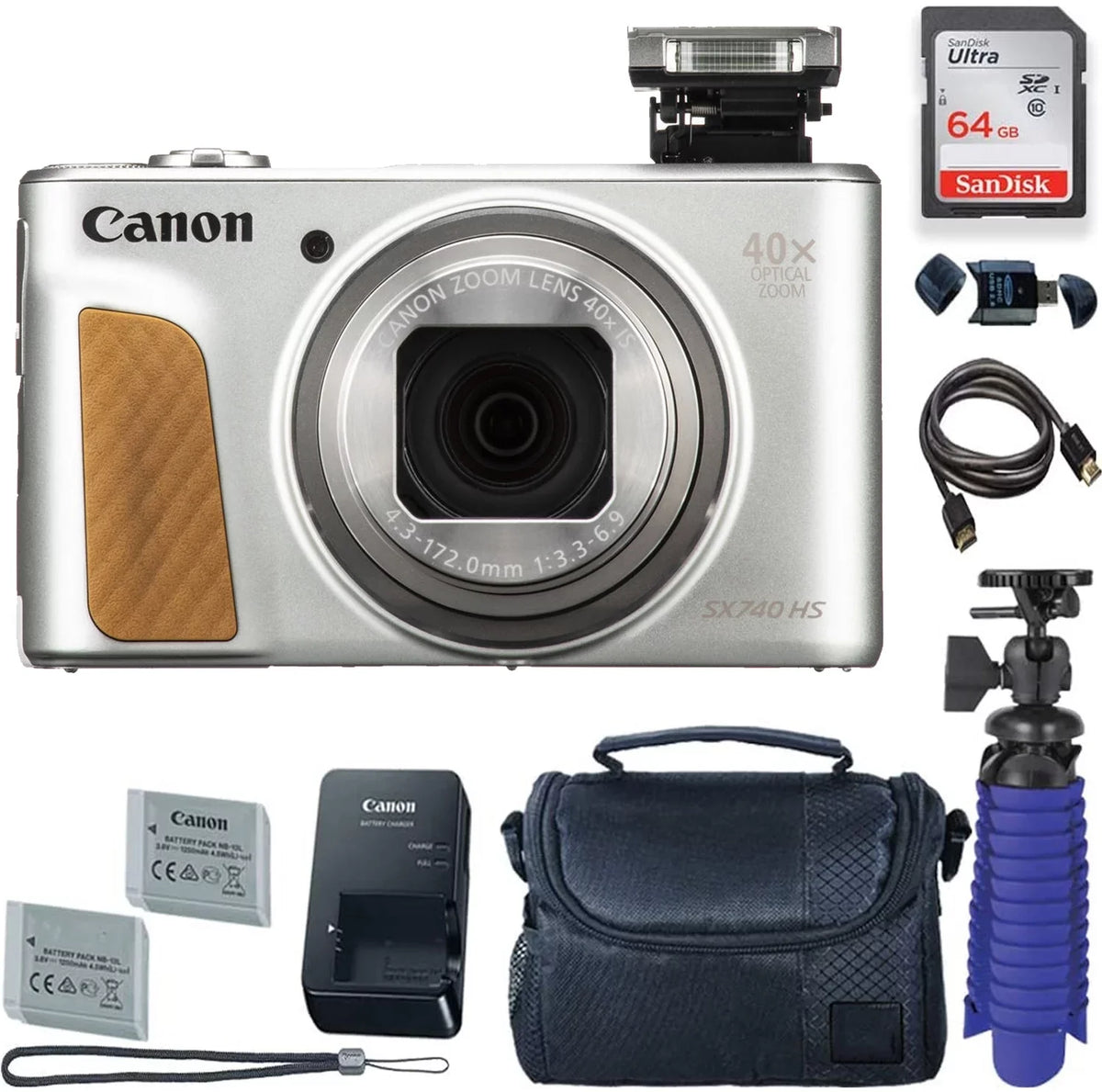 PowerShot 64 Card Camera Digital + Tripod (Silver) Batteries GB 2 + with + Case Canon Camera SX740 HS Premium