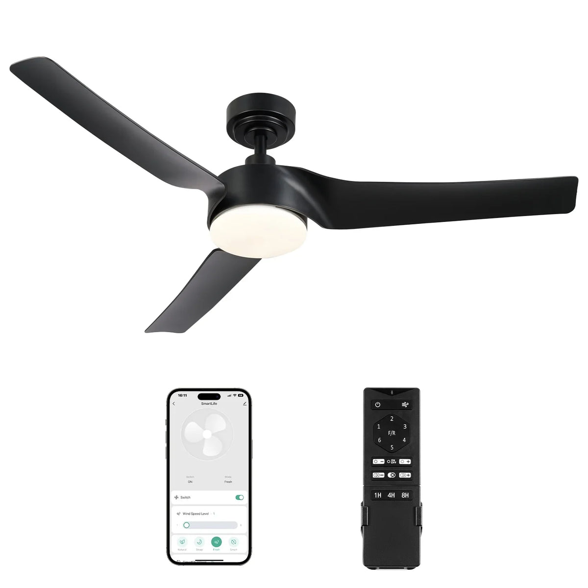 & Remote, Smart Bestco with Black Fan Dimmable Ceiling 52" Modern Light Kit