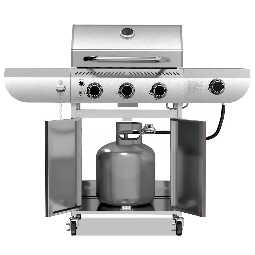 R.W.FLAME 3-Burner Propane Gas Grill With Sider Burner, Stainless Steel Propane Grill 34,000BTU, Multifunction & Protable Outdoor Barbecue Grill with