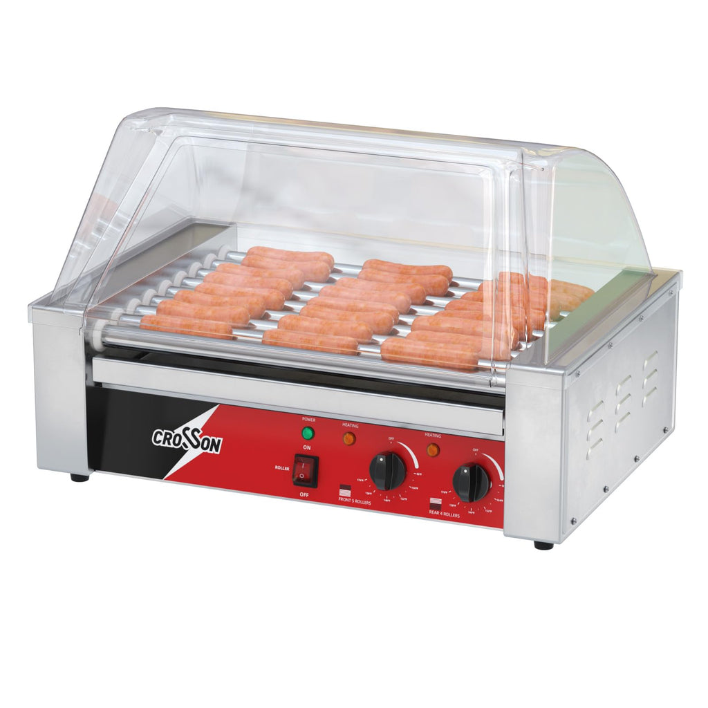 CROSSON 12 Hot Dog 5 Roller Grill Machine with Transparent Sneeze Guard,5 Nonstick 304SS Rollers Commercial Hot Dog Cooker Machine-120V, 750W