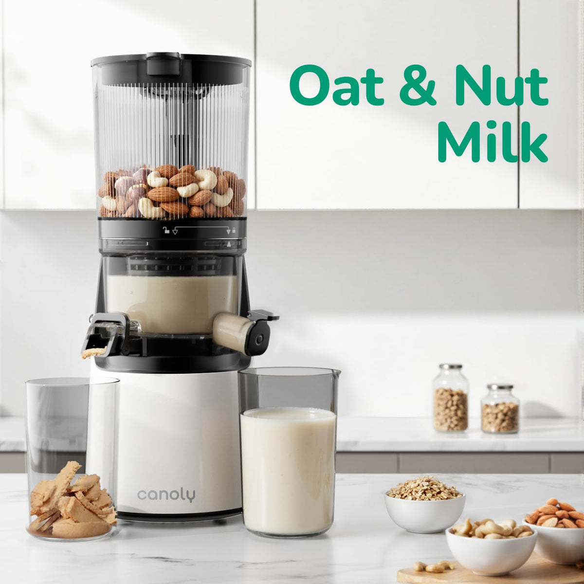 Canoly C16 Cold Press Juicer, with a 6" Wide Chute & Self-Precut, 3-in-1 Strainers (Juice & Sorbet & Nut Milk), BPA-Free Construction, Powered by a