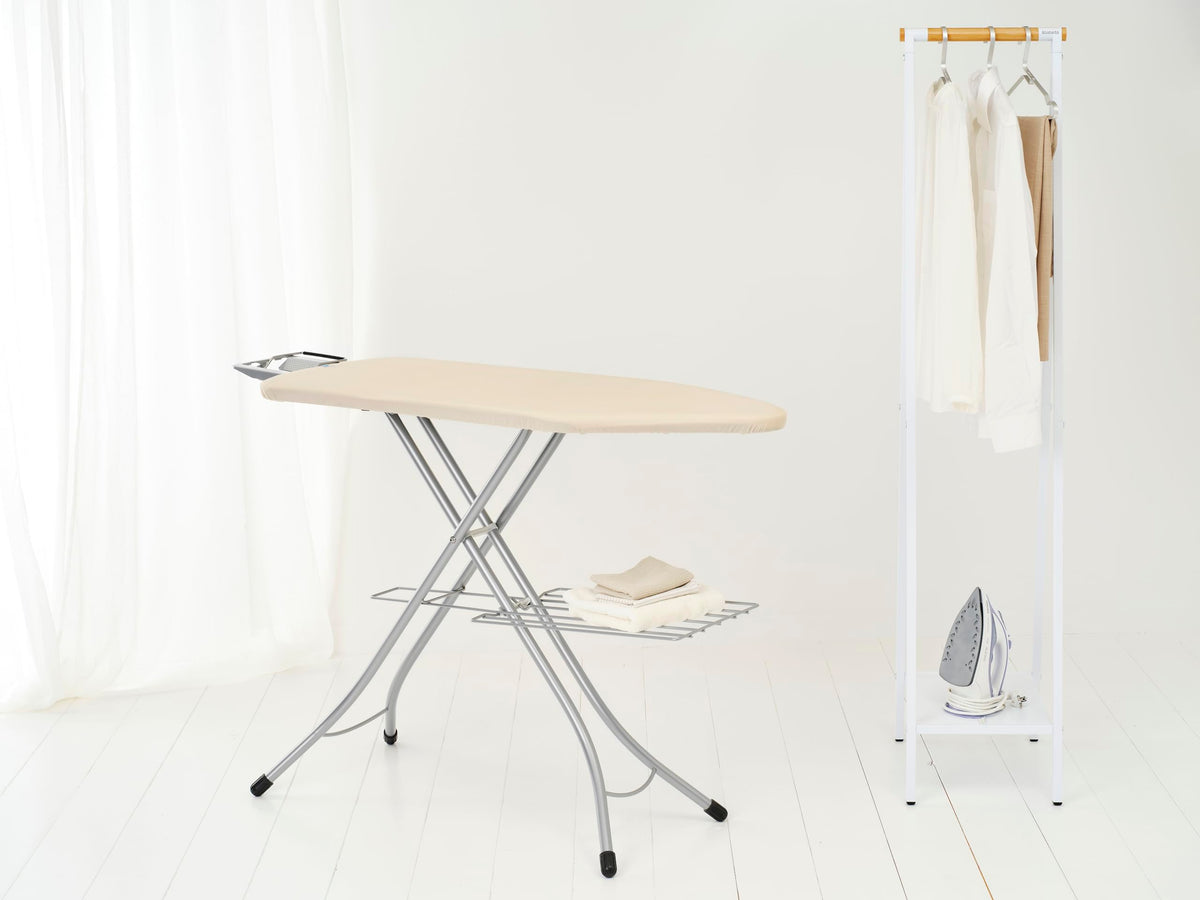Brabantia Size C Ironing Board (49 x 18in) 7 Height Options, Adjustable Steam Iron Rest Holder & Linen Rack (Ecru) Non-Slip Feet, Anti-Collapse Child