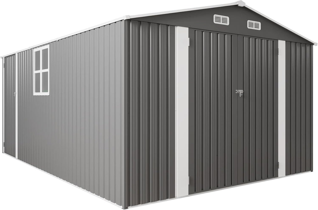 10x14x6.7FT Outdoor Storage Shed, Galvanized Steel Garden Shed with Lockable Door & Window, Waterproof Metal Tool Storage for Garden, Backyard, Patio
