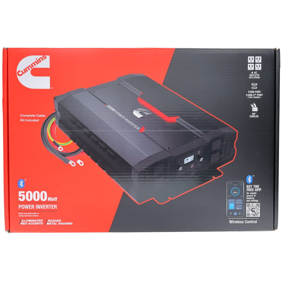Cummins 5000 Watts Inverter Modified Sine Wave Truck Inverter 12 Volts to 110 Volts Four AC Outlets Two USB Ports (Plus Cable Kit)- CMN5000W