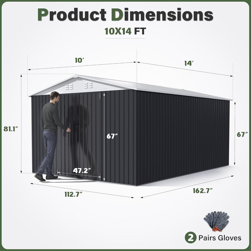 Polar Aurora 12x14 FT Outdoor Storage Shed, Garden Shed with Updated Frame Structure and Lockable Doors, Metal Tool Sheds for Backyard Garden Patio