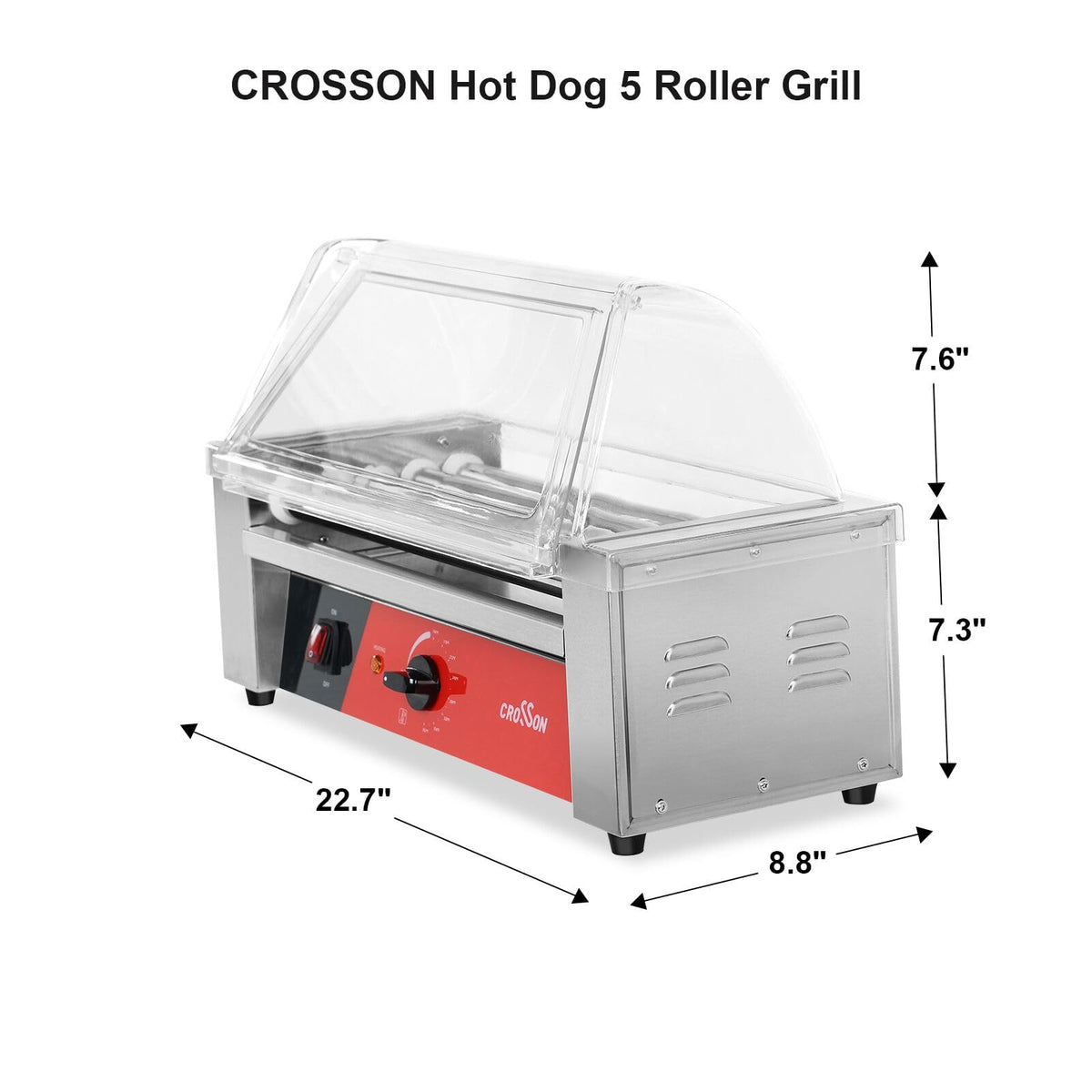 CROSSON 12 Hot Dog 5 Roller Grill Machine with Transparent Sneeze Guard,5 Nonstick 304SS Rollers Commercial Hot Dog Cooker Machine-120V, 750W