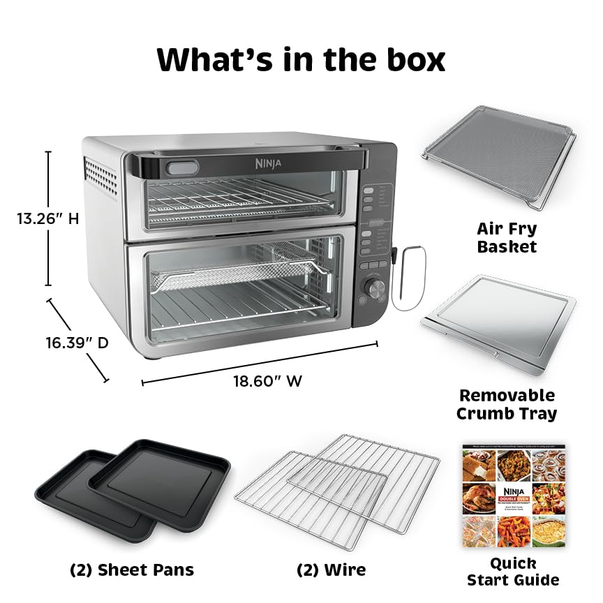 Ninja DCT451 12-in-1 Smart Double Oven with FlexDoor, Thermometer, FlavorSeal, Smart Finish, Rapid Top Convection and Air Fry Bottom , Stainless Steel