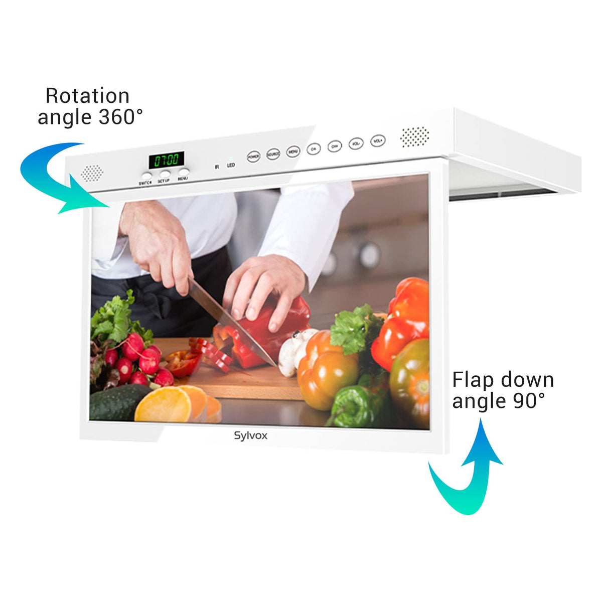 SYLVOX 15.6" Under Cabinet Smart TV C 360 Rotation, 90 Flip-Down Screen, Wireless Connectivity, Space-Saving Design for Kitchen, Bedroom, or RV.
