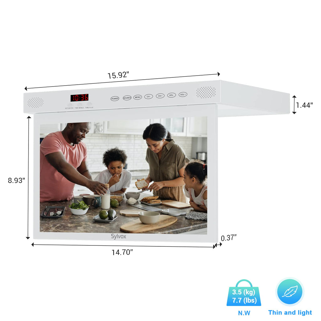 SYLVOX 15.6" Under Cabinet Smart TV C 360 Rotation, 90 Flip-Down Screen, Wireless Connectivity, Space-Saving Design for Kitchen, Bedroom, or RV.