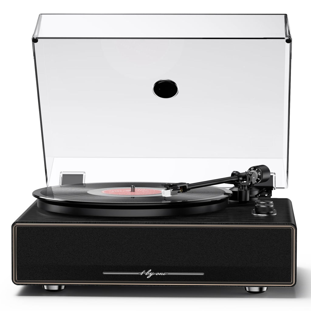 1 by ONE High Fidelity Belt Drive Turntable with Built-in Speakers, Vinyl Record Player with Magnetic Cartridge, Bluetooth Playback and Aux-in