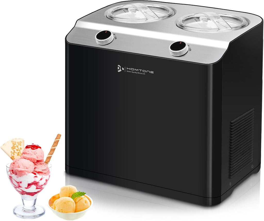 Homtone 2 Flavor Ice Cream Maker, 2.6QT (2 x 1.3qt) Compressor Largest Capacity & Fast Freezing Ice Cream Machine with 2 Bowls, Easy Operate & Clean